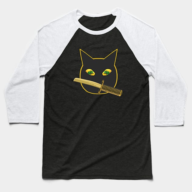 Hallowen Ninja Cat. Black Cat with Jack O Lantern Eyes and Sword. Orange Outline Version. Baseball T-Shirt by Art By LM Designs 